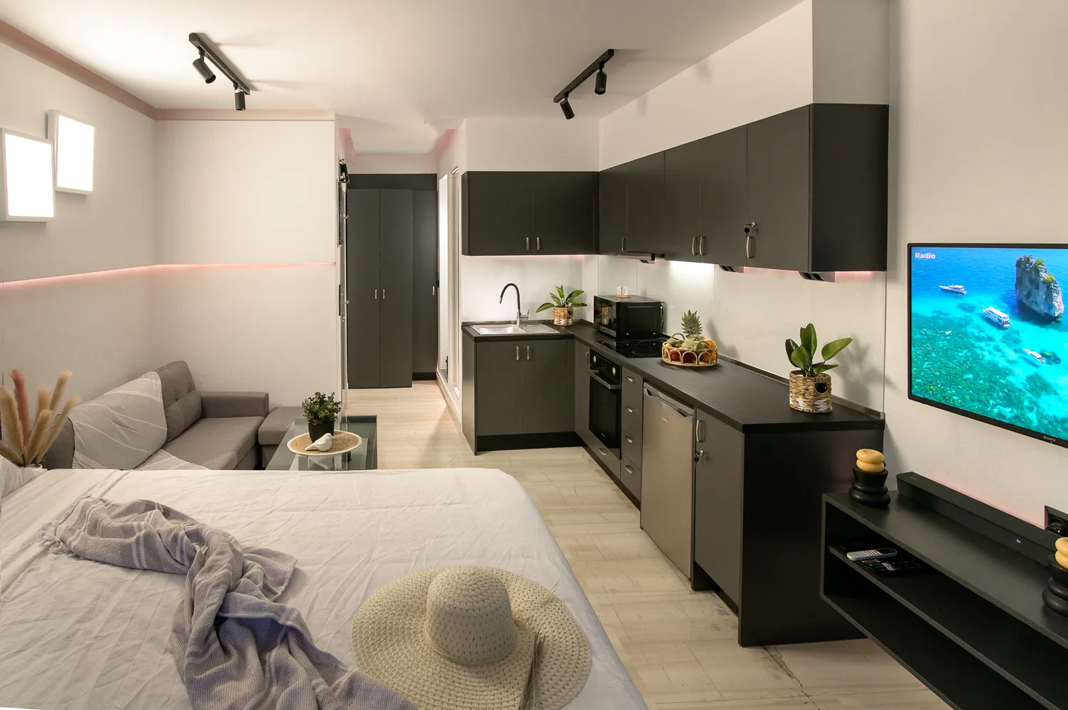 The studio with its bed