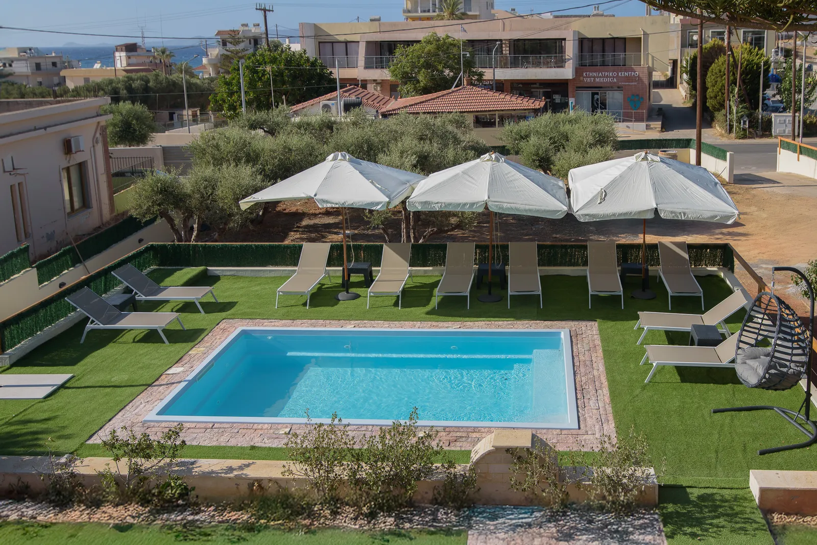 Villa Haris pool and garden with sun loungers and olive trees